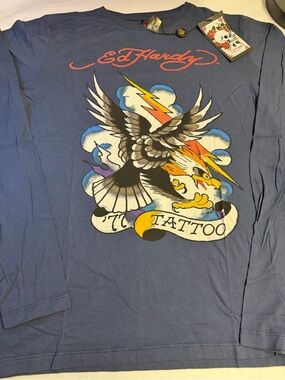 Ed Hardy Blue Long Sleeve Tattoo Eagle Graphic Tee
